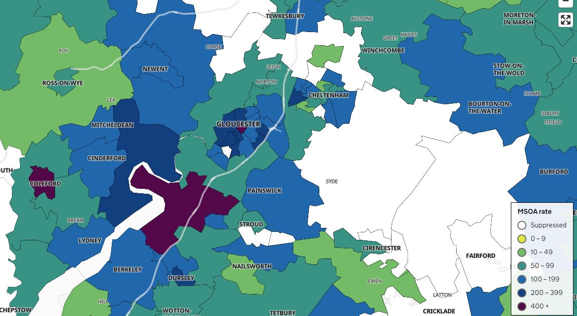 <Dark blue is bad, purple is very bad >High rates in Gloucester would risk the city being in Tier 3 if tiers were done by district, but they're not and we're not expecting them to be. High numbers in the Forest are being attributed to outbreaks in care homes 4/13