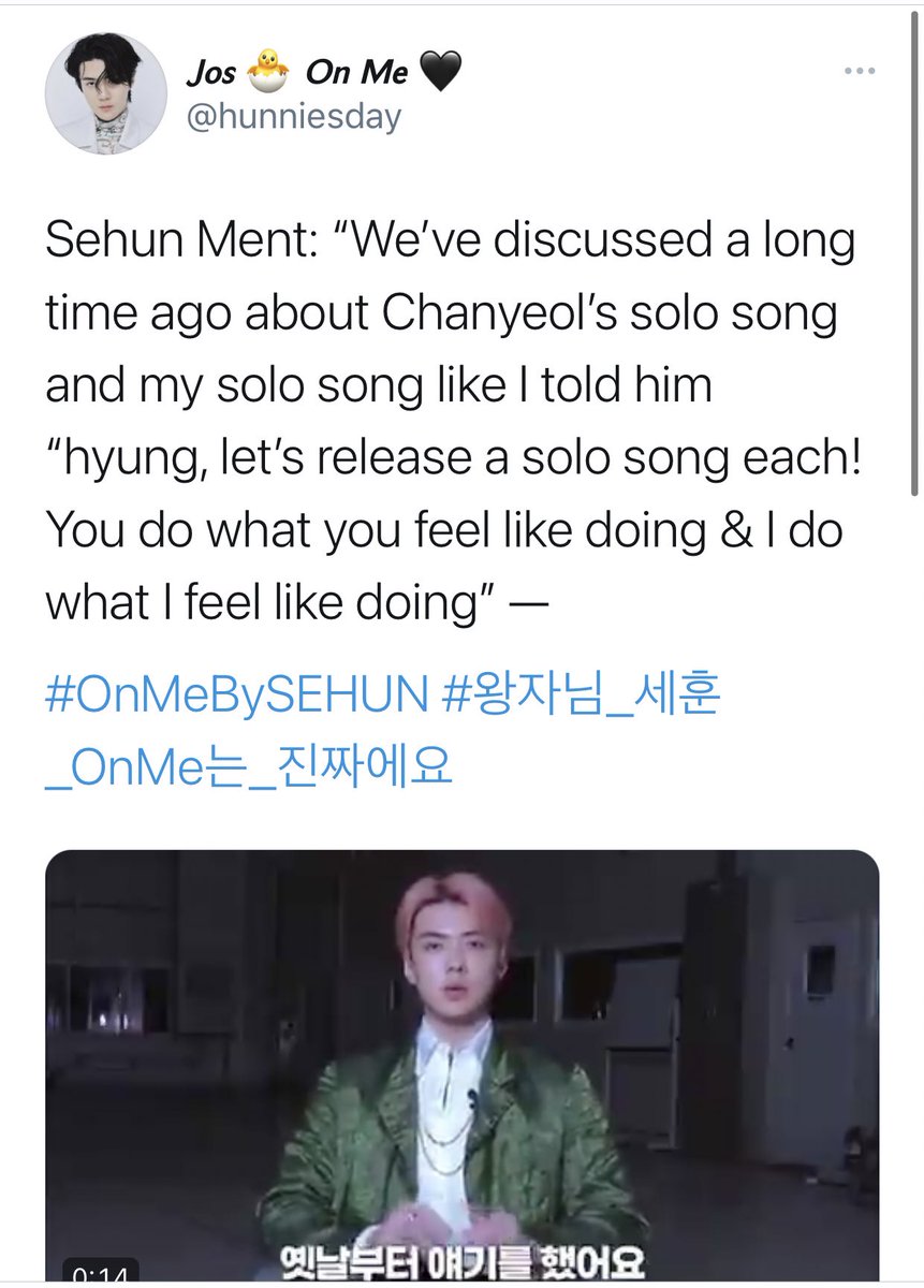 for the tracks in 1billion views album, it was sehun who insisted on both of them having a solo song which should’ve not been a problem at all considering how sm gives freedom to their artists in choosing songs for them but it wasn’t the case for sehun; he had to fight for on me