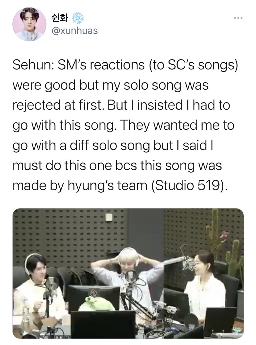 for the tracks in 1billion views album, it was sehun who insisted on both of them having a solo song which should’ve not been a problem at all considering how sm gives freedom to their artists in choosing songs for them but it wasn’t the case for sehun; he had to fight for on me
