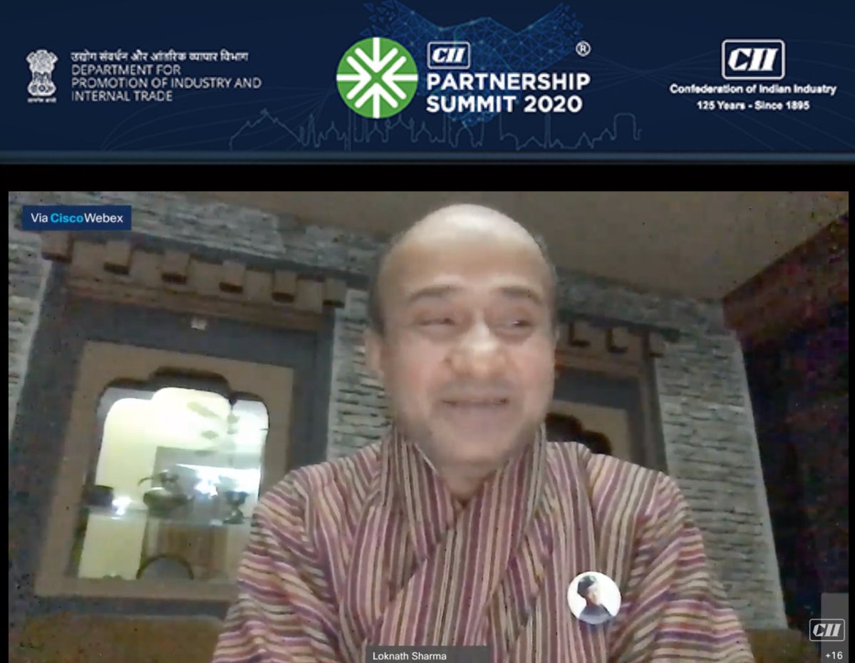 In Bhutan, we are highly focussed on lives &amp; livelihood, digitisation of the economy, agriculture, infra &amp; cottage industry. Appreciate India's support in promoting Bhutan's startup scenario ~H E Lyonpo Loknath Sharma, <a href="/BhutanMoea/">MoENR Minister</a>, Royal Govt of Bhutan #CIIPartnershipSummit2020