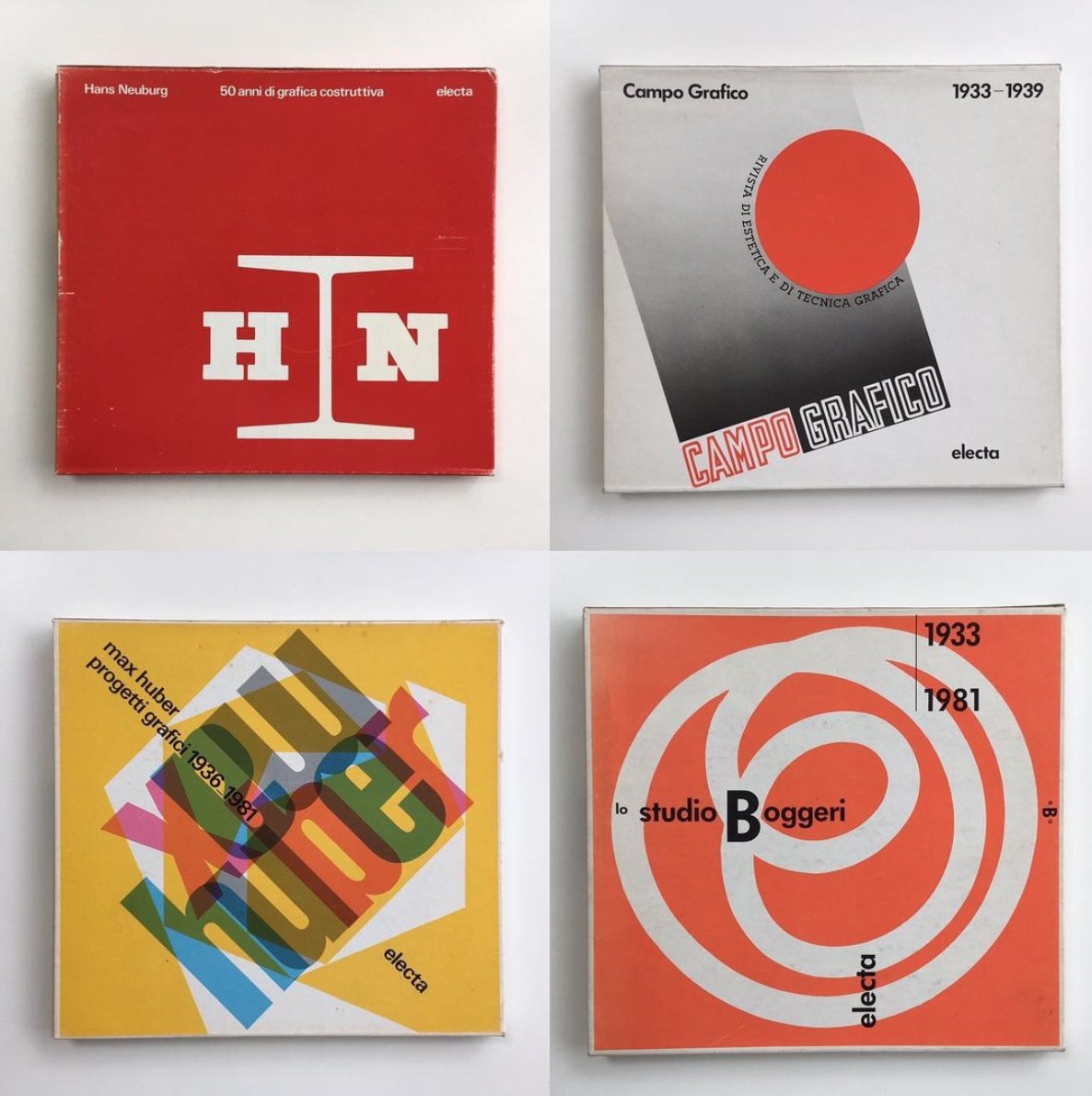 ElectaEditore's tweet photo. In questo scatto 4 capisaldi della #storia di #Electa

📚Hans Neuburg. 50 anni di grafica costruttiva
📚Campo grafico 1933-1939
📚Max Huber: progetti grafici 1936-1981
📚Lo studio Boggeri 1933-1981

📲 #ElectaEditore
📲 #ElectAmarcord

📷 @MarkHoltDesign https://t.co/ROfwdWm0TI