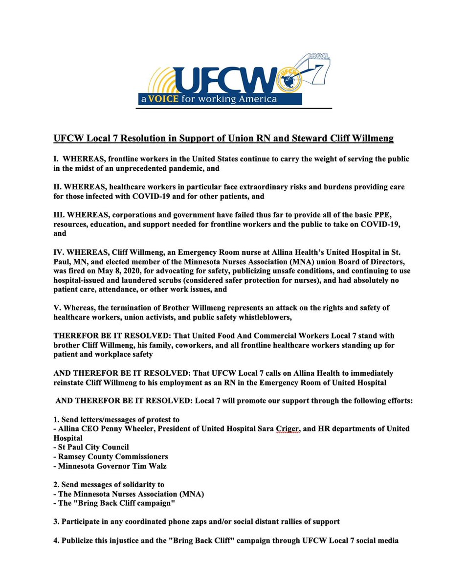 WeDoTheWork7's tweet photo. Thank you @UFCW for passing the is resolution to #BringBackCliff! From our frontline to yours, letโs build solidarity and strength together. @AFLCIOCO @MNAFLCIO @mnnurses @PennyWheelerMD @GovTimWalz @AllinaHealth @epmurphymn @Cleavon_MD @TheBlondeRN @DemSocialists https://t.co/tWeyusdRnn
