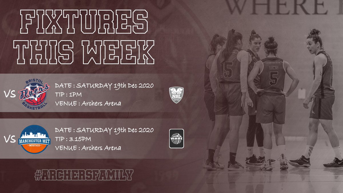 🏹🏀 FIXTURES 🏀🏹

Two home games this weekend:
WNBL DIV 1 vs @bristolflyerswomen 
💻 | Archers YouTube channel

WBBL vs @mcrmystics_wbbl
💻 | WBBL YouTube channel

Both games will be streamed LIVE! 

#ArchersFamily