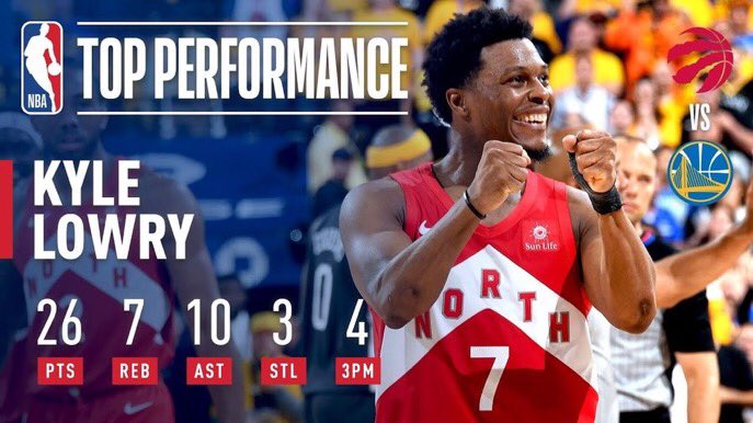 In his first NBA Finals, and the first in franchise history, the greatest Raptor ever did NOT disappoint. Averaging 16-7-4 on 43% shooting including a 26-7-10 performance in the Title-Clinching Game 6. Lowry shot 57% overall for the playoffs.