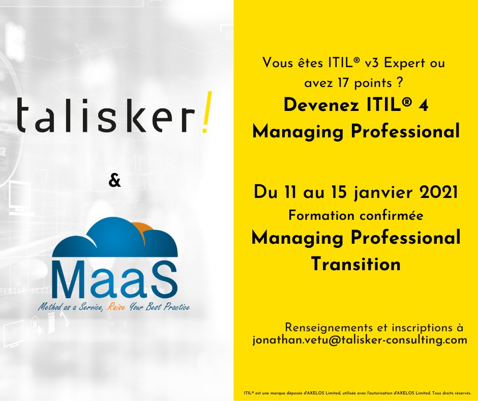 JonathanVetu's tweet photo. 🚀 Vous êtes ITIL Expert ou avez 17 pts ? Capitalisez et devenez ITIL 4 Managing professional !

⌚A partir du 1er février 2021, vous devrez passer tous les nouveaux modules intermediates (5) afin de pouvoir tenter d'obtenir la certification ITIL Managing Professional.

#itil https://t.co/kQZaYIAJoV