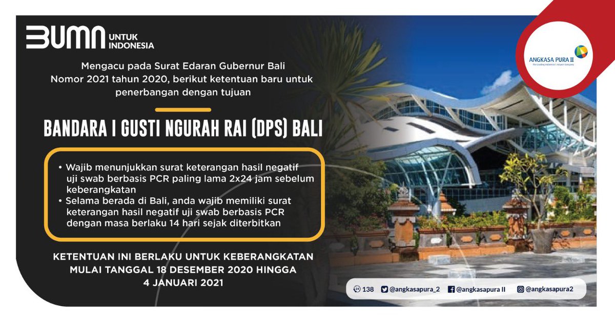INJairports's tweet photo. #AP2update
Sesuai dgn Surat Edaran Gubernur Bali No 2021 Tahun 2020, mulai 18 Desember 2020-4 Januari 2021 penumpang sgn penerbangan domestik tujuan Bali (DPS) WAJIB menunjukkan surat keterangan hasil negatif uji swab PCR paling lama 2x24 jam sebelum keberangkatan &amp; mengisi EHAC. https://t.co/UNMZnLaHFl