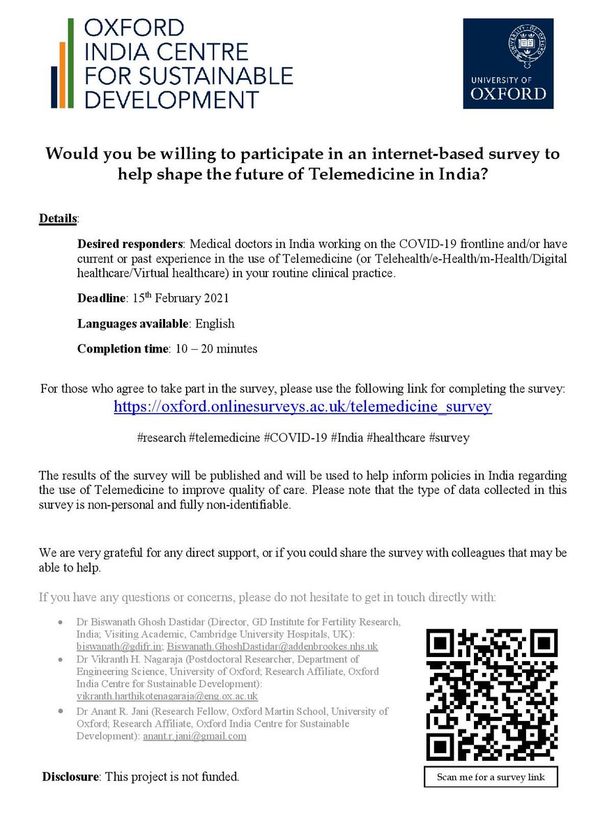 OxIndiaCentre's tweet photo. **Oxford survey to help shape the future of Telemedicine in India**

Desired respondents: Medical doctors in India working on the #COVID19 frontline and/or have current or past experience in the use of #Telemedicine.

Link here: https://t.co/O65uUfOiMm https://t.co/yHbzm2tleX
