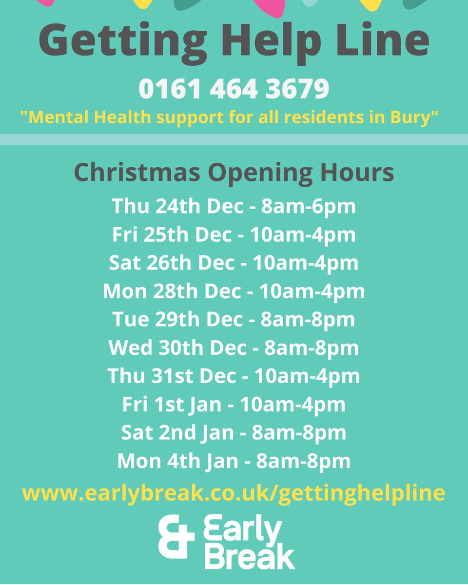 BIGMentalHealth's tweet photo. BIG will be closed from the 23rd December to the 5th Jan but help and support is still available through the Getting Help Line.  

Please call 0161 464 3679 if you require mental health support during this period.

#mentalhealthsupport #supportservices #burysupport https://t.co/Dk1ZvoJ73y