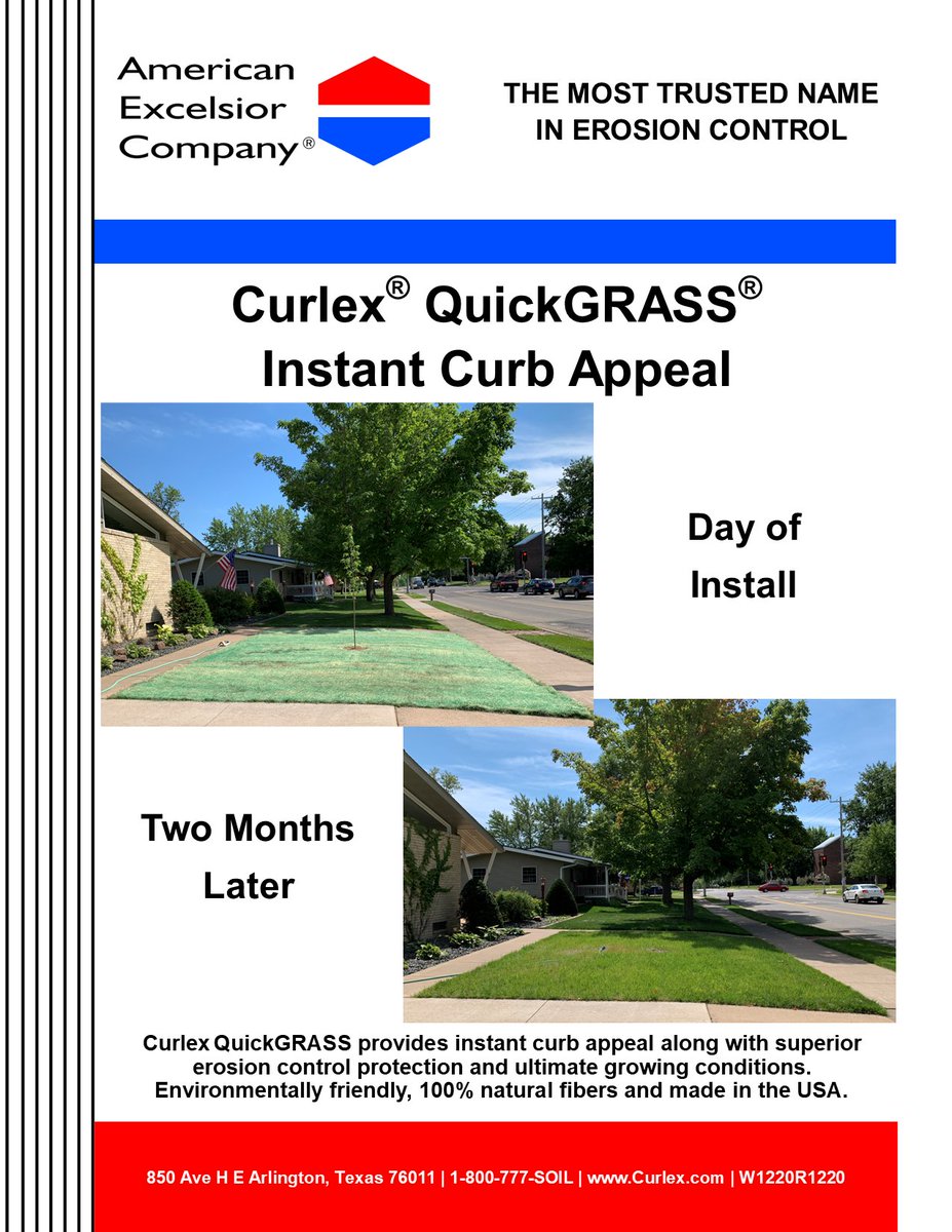 Curlex® QuickGRASS® adds instant curb appeal while providing superior protection for residential erosion control and revegetation projects. bit.ly/QuickGRASS

#Curlex #AmericanExcelsior #madeintheusa #madeinamerica #erosioncontrol #revegetation