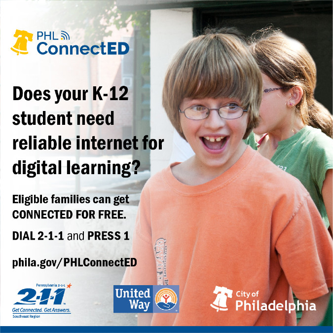 By connecting students with internet access, we’re connecting the entire family. Help us spread the joy during #PHLConnectED Week: share that families without reliable internet access can dial 2-1-1 and press 1 for English or press 8 for Spanish to learn more.