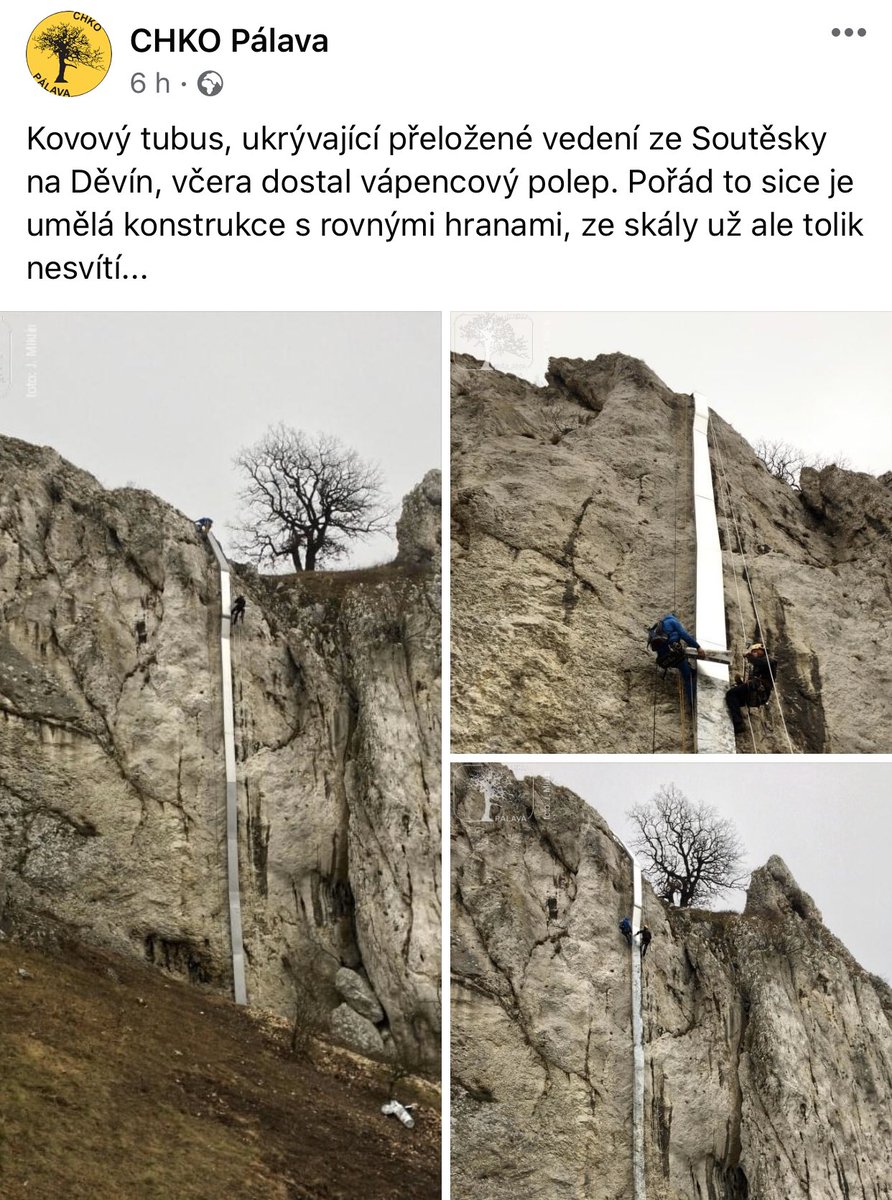 Horolezci na Pálavě opět v akci. Kovový tubus, do kterého <a href="/EONCzech/">E.ON Czech</a> ukryl kabely namísto nadzemního vedení, včera schovali pod vápencovým polepem. Elektřina tak pod Děvínem proudí už téměř bez povšimnutí turistů ⚡️