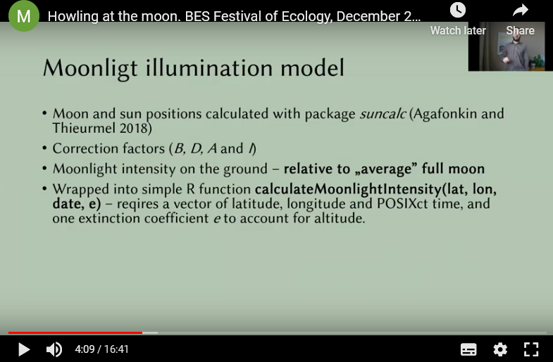 Here's a cool data fusion:  @MichalSmielak links real-time moonlight illumination to animal location data. Useful to study the effect of the Moon on migratory navigation of e.g. birds? And adding weather data (cloud cover) would make it even cooler.  #BES2020  @BES_Move_SIG 2/n