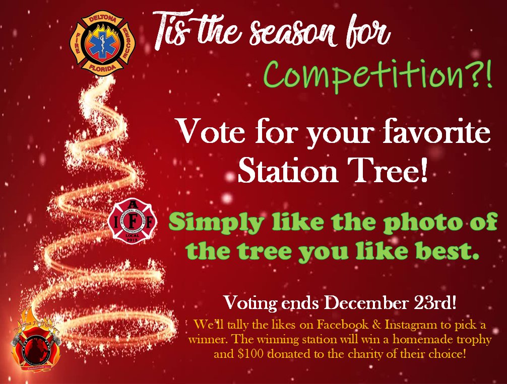 DeltonaFire's tweet photo. We have a little Holiday #TreeCompetition among the stations! Check out all 6 trees & then help us out by liking your favorite tree(s) on Facebook & Instagram. Share with all your friends & family! Voting ends December 23rd
#Deltona #Fire #HolidayTrees https://t.co/NFDNBK4LYS
