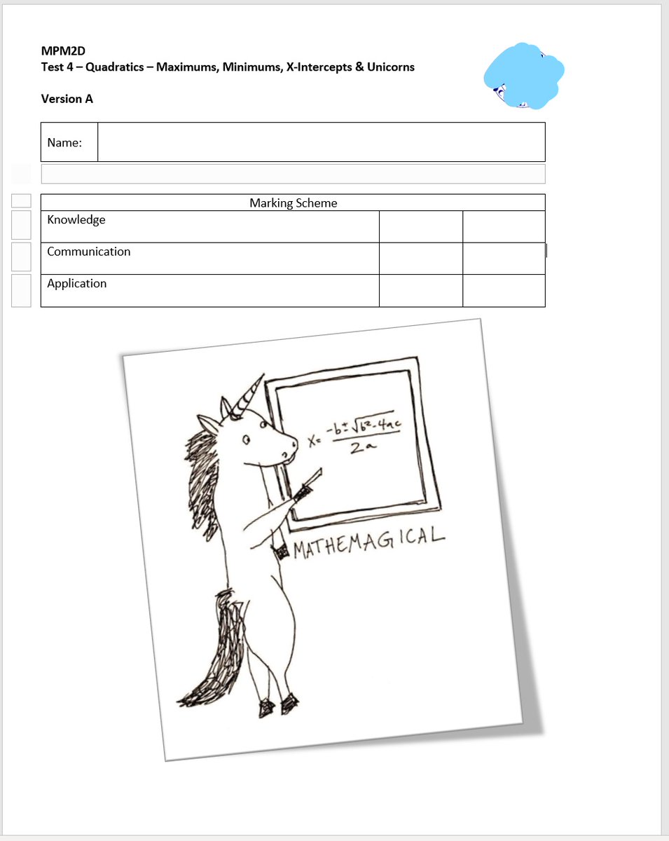 calarmstrong's tweet photo. Student: "I didn't notice you'd put the Quadratic Formula on the first page of the test."
Me: "There was a half-page tall unicorn pointing at it and you still didn't see it?" https://t.co/AoSQx5NHTK