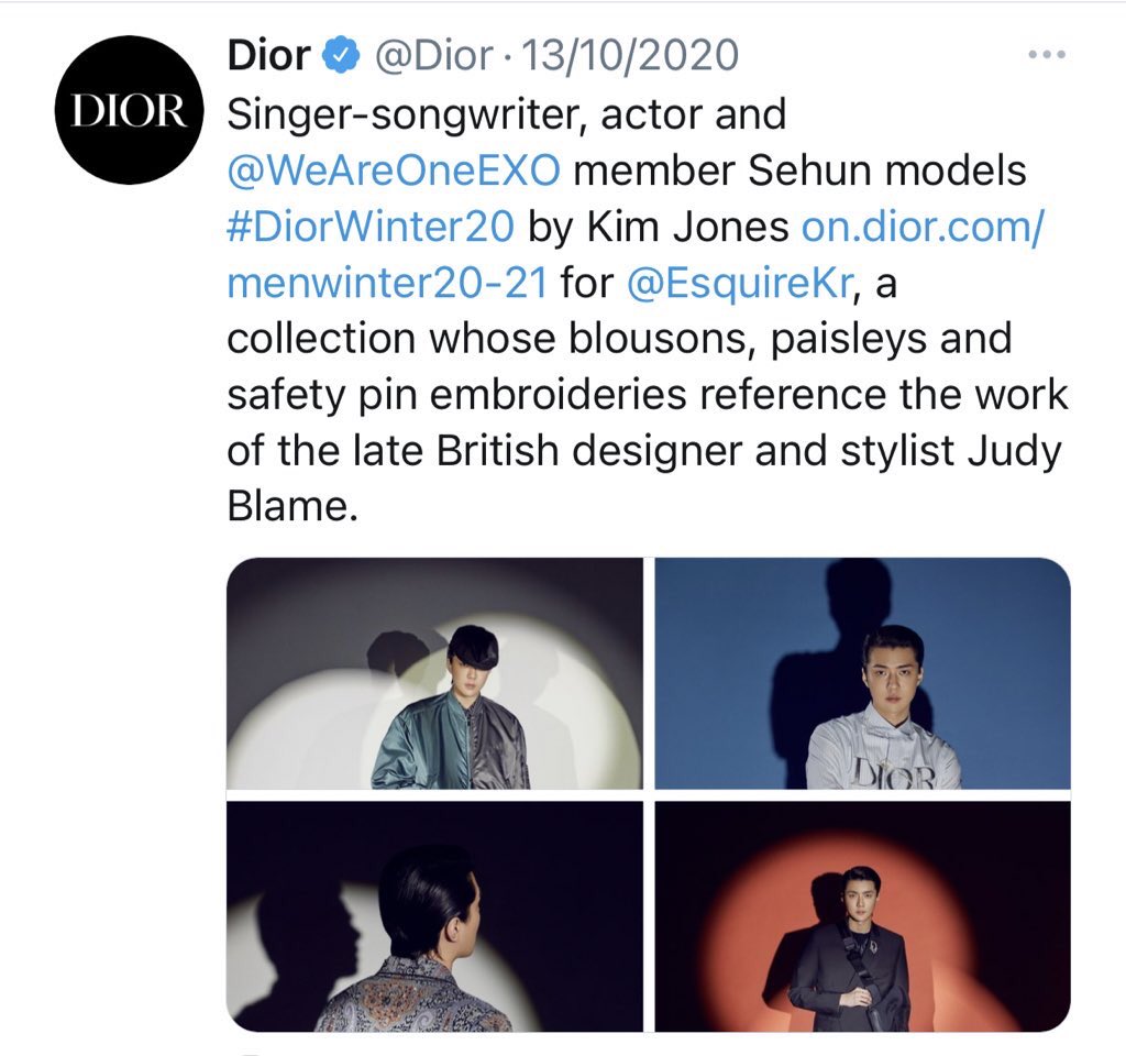 sehun was announced as the FACE OF DIOR MEN)exo’s official account did tweet about it but didnt rt the esquire post when they were actively rting other photoshoots and then ignored all the ski/men fall21 collection and dazed! weird but diors account didn’t tag exo acc afterwards