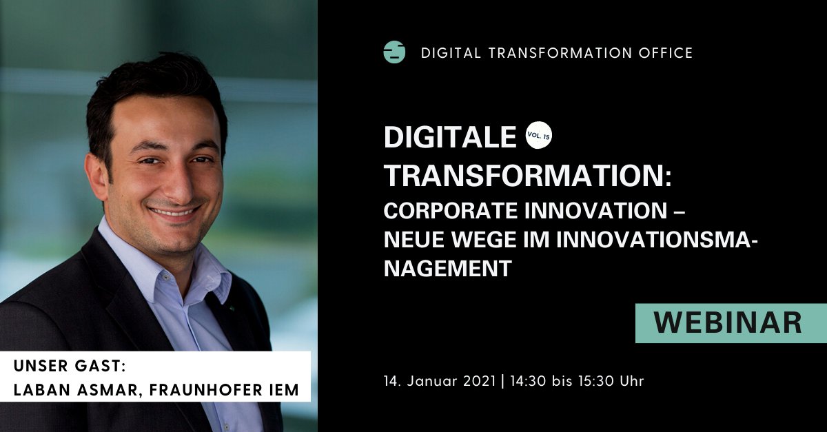 DigitalTransformationOffice (@dto_by_iem) on Twitter photo Am Donnerstag noch nichts vor? Wir möchten Ihr Unternehmen durch spannende #Impulse in unserem Webinar auf den neuen Wegen im #Innovationsmanagement unterstützen. <a href="/LabanAsmar/">Laban Asmar</a> vom @FraunhoferIEM gibt spannende Einblicke! Anmeldung unter: bit.ly/38aAW2w #digitalisierung Am Donnerstag noch nichts vor? Wir möchten Ihr Unternehmen durch spannende #Impulse in unserem Webinar auf den neuen Wegen im #Innovationsmanagement unterstützen. <a href="/LabanAsmar/">Laban Asmar</a> vom @FraunhoferIEM gibt spannende Einblicke! Anmeldung unter: bit.ly/38aAW2w #digitalisierung