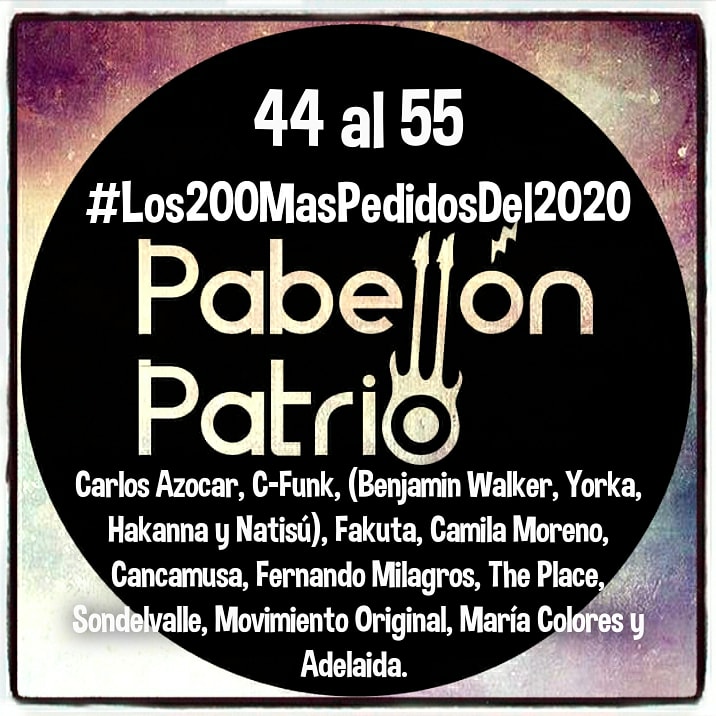 PabellonPatrio's tweet photo. Hoy en #PabellónPatrio #Los200MasPedidosDel2020 @azocarmusica #Cfunk (@Benjawalker @yorkamusica @HAKANNA_ y @_natisu) @camilamoreno_ @_cancamusa @FMilagros @theplacebanda @sondelvalleCL @MovOriginal @mcoloresoficial @Adelaidabanda https://t.co/lr7jX2JmtB