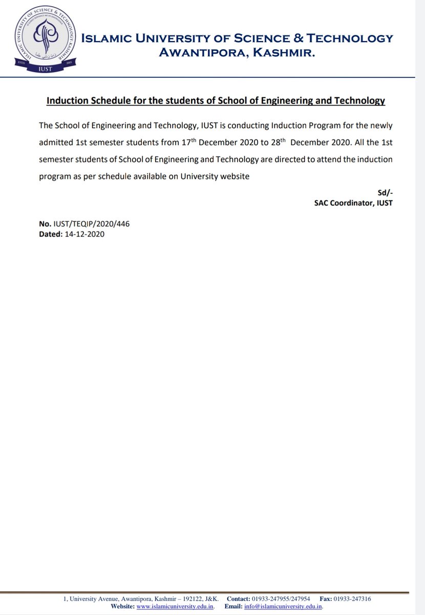 iustjk's tweet photo. Induction Program for the newly 
admitted 1st semester students belonging to the School of Engineering and Technology from 17th December 2020 to 28th December 2020. https://t.co/fh3FfTJC36