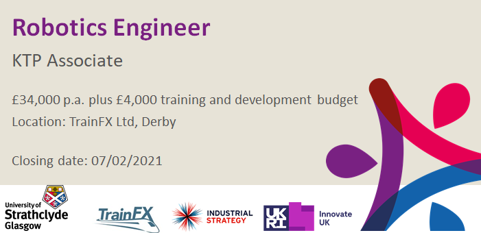 WestScotlandKTP's tweet photo. KTP Associate Vacancy! #Recruiting now: Robotics Engineer to work on a 24 month #KTP with @UniStrathclyde and @TrainFXRail. This position will be based in Derby. More information:https://t.co/yHjlNaeoNj
#ScotKTP #KTPpoweringinnovation #vacany https://t.co/DuKTtU7ODm
