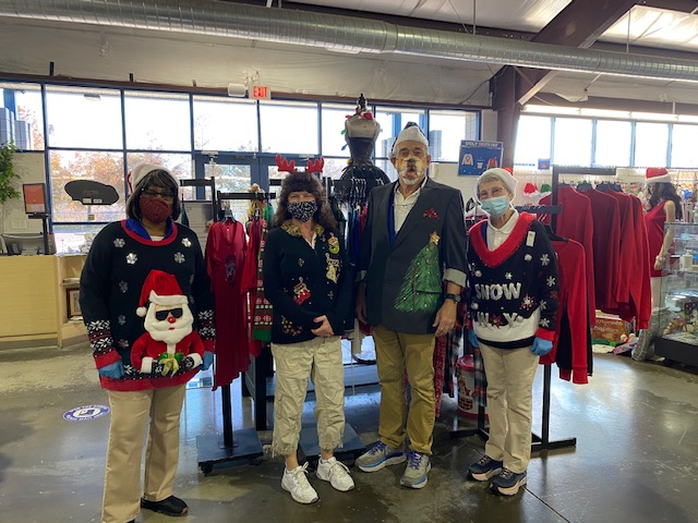 GoodwillBigBend's tweet photo. If you haven’t gotten your ugly sweater yet, it’s time to get tacky. Find some fashion inspo with our staff celebrating Friday’s #NationalUglySweaterDay early! 🤩 https://t.co/XChvTcoNLm