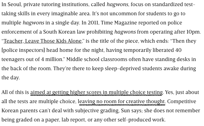 Negara2 barat banyak yg masukin komponen ekskul, leadership dll dalam komposisi penilaian seleksi masuk universitas. Korea liat nilai aja. Komposisi nilai juga hanya ujian aja. Ujian pun pilihan ganda, bukan essay. Karna essay bisa subjektif dan ortu2 senegara bisa ngamuk.