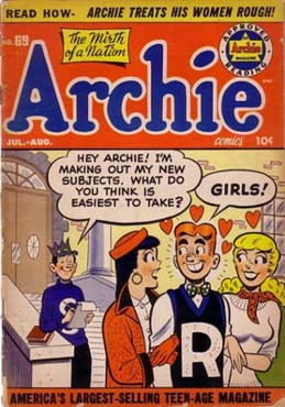 Archie 69 in the Spring of '54 is the last Archie to use the pubisher "Approved Reading" label. The first Archie to have the "Approved Reading" Label was 37, from January 1949 (replacing a triangular logo). A timeline of tensions. #juveniledelinquency  #comics