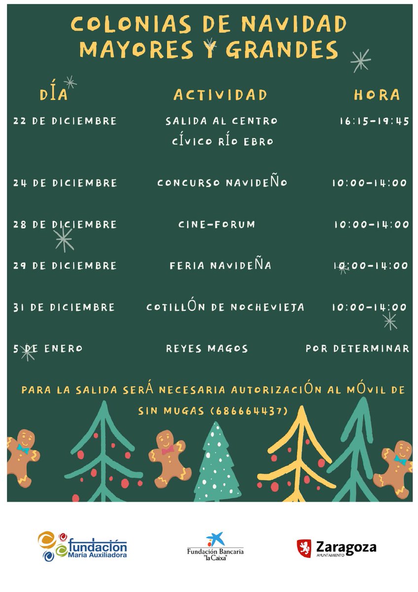 CTL SIN MUGAS
Colonias de Navidad

A partir de la semana que viene disfrutaremos de unas actividades navideñas en ambiente de familiaridad con todas las medidas de seguridad.
Gracias a la colaboración de <a href="/FundlaCaixa/">Fundación ”la Caixa”</a> <a href="/zaragoza_es/">AyuntamientoZaragoza</a>