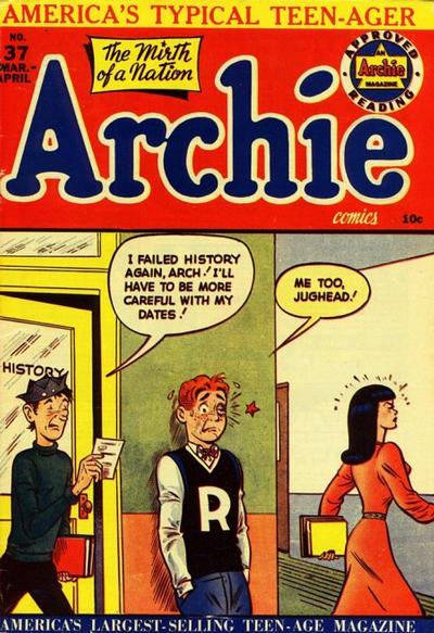 Archie 69 in the Spring of '54 is the last Archie to use the pubisher "Approved Reading" label. The first Archie to have the "Approved Reading" Label was 37, from January 1949 (replacing a triangular logo). A timeline of tensions. #juveniledelinquency  #comics