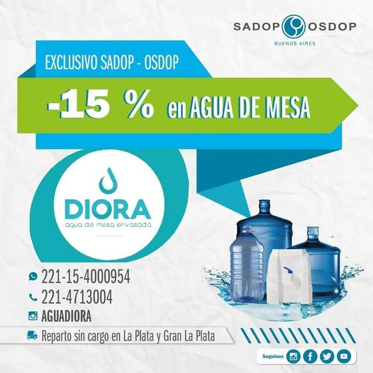 sadoppba's tweet photo. 📉 ¡Aprovechá este #ExclusivoSADOP y obtené un 15 % de DESCUENTO en Agua Diora! 
Pedidos 👇
📱 2214000954
☎️ 2214713004
📸 https://t.co/zMmdVDit9D
🚚 Reparto sin cargo en La Plata y Gran La Plata.
* Por más #ExclusivoSADOP comunicate con tu Delegación. https://t.co/aXmrx2azvQ
