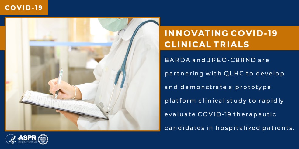 BARDA's tweet photo. Together with @JPEOCBRND, we’re expanding Quantum Leap Health Collaborative’s Phase II I-SPY clinical trial to rapidly screen multiple potential #COVID19 drugs. This #WarpSpeed approach may help identify effective treatments for the sickest patients. https://t.co/uvaRjjy9hx https://t.co/ZEY4xT6sdp