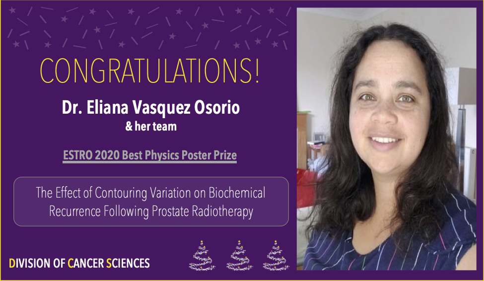 UoM_DCS's tweet photo. At #ESTRO2020, @elivaos &amp; her team were awarded the Best Physics Poster Prize for their work on contouring variation &amp; prostate radiotherapy!

Check out their winning poster here 👇
https://t.co/D4nUp5ZhCC

Congratulations Eliana &amp; team 👏

[3/5] https://t.co/bADyrOrCU9