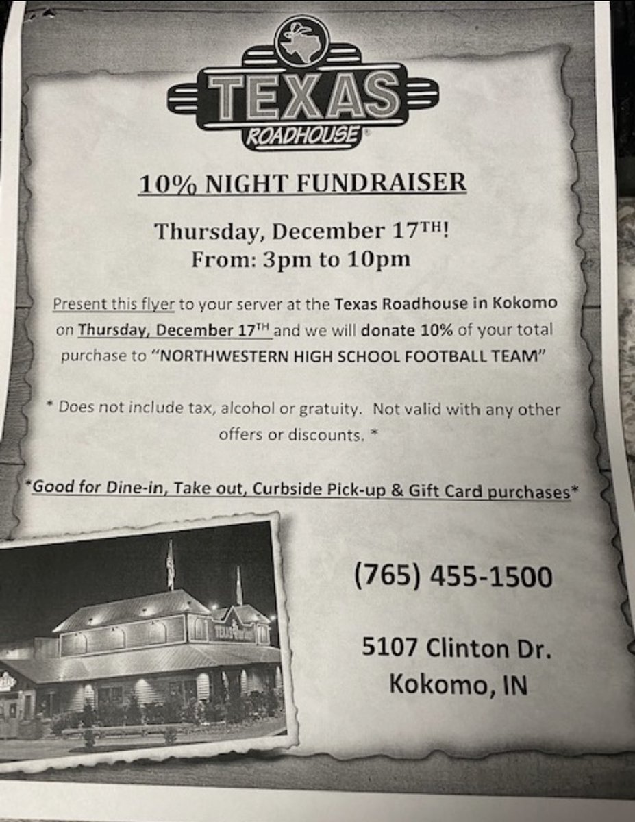 Please come out and help out the northwestern football program!!! Last minute stocking stuffers or maybe a night out after Christmas shopping!!! Thursday December 17th!!! Texas Roadhouse !!!!