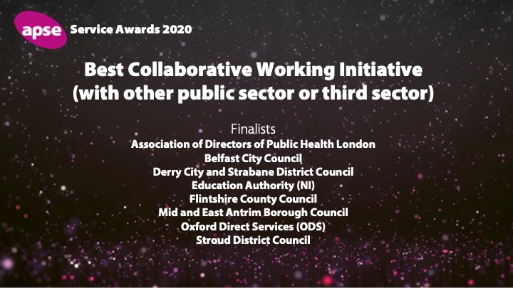 apseevents's tweet photo. Congratulations to the nominees in our #apse20 Best Collaborative Working Initiative (w/ other public sector or third sector) 🏆

👏 @ADPHUK London
👏 @belfastcc
👏 @dcsdcouncil
👏 @Ed_Authority
👏 @FlintshireCC
👏 @mea_bc
👏 Oxford Direct Services (ODS) @OxfordCity
👏 @StroudDC https://t.co/fMXI56B2Tp