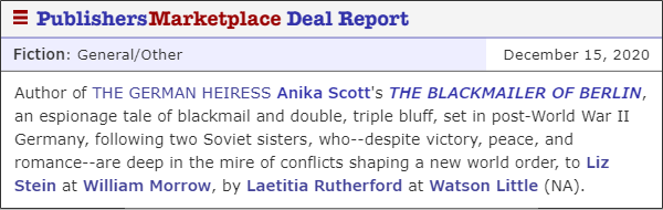 AnikaScott1's tweet photo. Woohoo! My twisty historical spy drama  #TheBlackmailerofBerlin is coming at you in 2022! 🥳 Fingers crossed this book launches when there's NO pandemic? Please??? Thank you @WmMorrowBooks for believing in me and my sophomore novel.😍 #debuts2020 #writingcommunity 🥳 https://t.co/3j525Pl0Qx