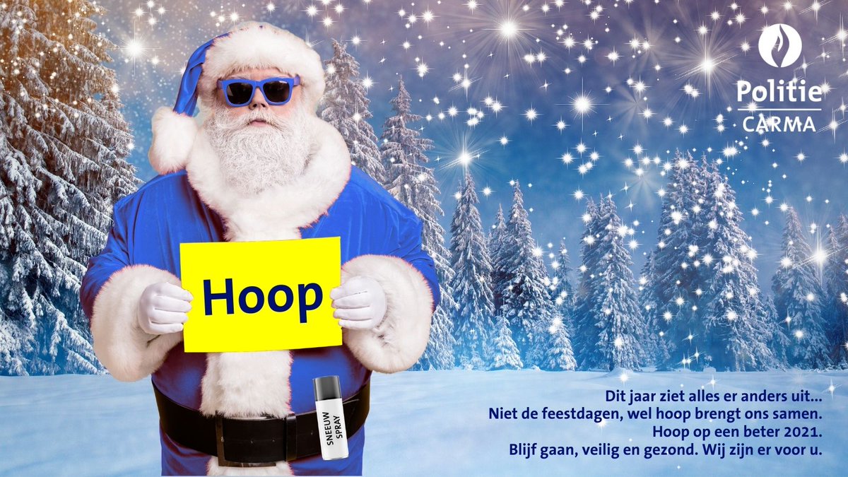 PolitieCARMA's tweet photo. 🎄 Dit jaar ziet alles er anders uit... 
Niet de #feestdagen, wel #hoop brengt ons samen. Hoop op een beter 2021. 
💙 Blijf gaan, veilig en gezond. Wij zijn er voor u. #Hoopvollefeestdagen #Andersdananders https://t.co/b1Wq5N9zbI