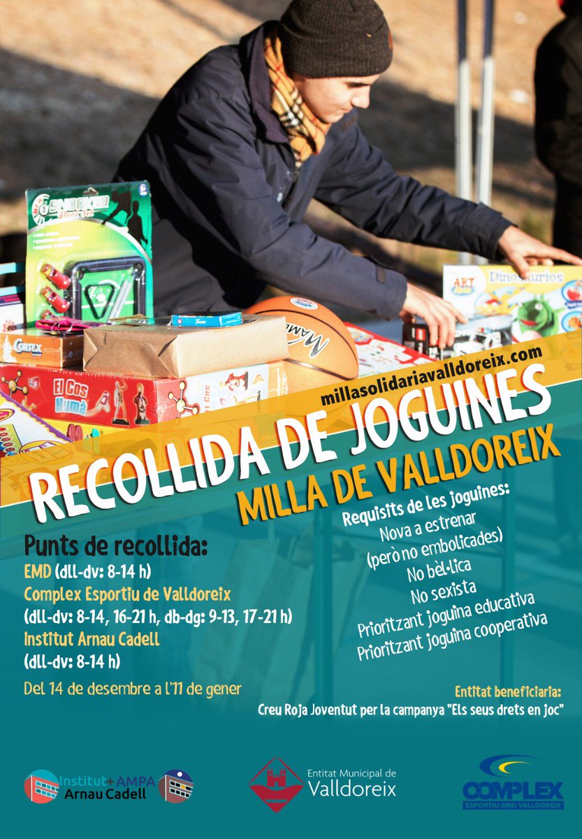 bgisbertemd's tweet photo. Aquest any, a causa de la #COVID19 , no podrem fer la #millasolidaria però sí que mantindrem la seva vessant més solidària. Des de @EMDValldoreix , @CEValldoreix i @insarnaucadell recollim joguines (entre 14 desembre i 11 de gener) per treure un somriure a la gent més vulnerable. https://t.co/Ja6AD2jn1f