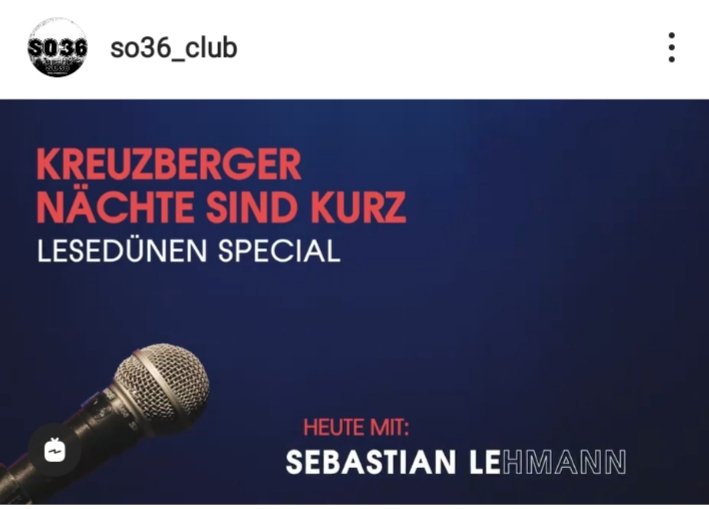 Neue Videoreihe aus dem SO36 mit den Leuten der #lesedüne ! #Kreuzbergernächtesindkurz 
Diesmal mit Sebastian Lehmann:
m.youtube.com/watch?v=SFYTLe…

Spenden ausdrücklich erwünscht!  Die werden dann natürlich fair mit der Lesedüne geteilt. 
#kulturtrotzcorona