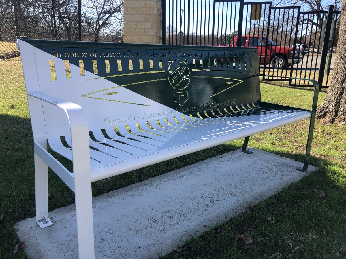 WaxahachieISD's tweet photo. A bench to memorialize @WaxahachieHS Austin Elbert was recently installed at Richards Park. 

The bench was donated by Americase Fabrication and the Class of 2001. The bench reads, "In honor of Austin Elbert: A devoted WHS student, athlete, and friend to many." https://t.co/vA8xPiEsaC