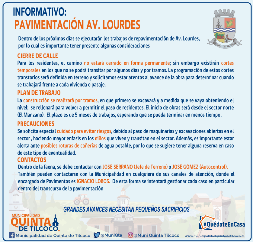 MuniQta's tweet photo. INFORMATIVO PAVIMENTACIÓN CALLE LOURDES

Debido al mal estado de la Calle Lourdes se gestionó entre los vecinos y la Municipalidad; la postulación a Pavimentos Participativos, siendo seleccionada para el presente periodo la repavimentación. https://t.co/m7JrsvS7ii