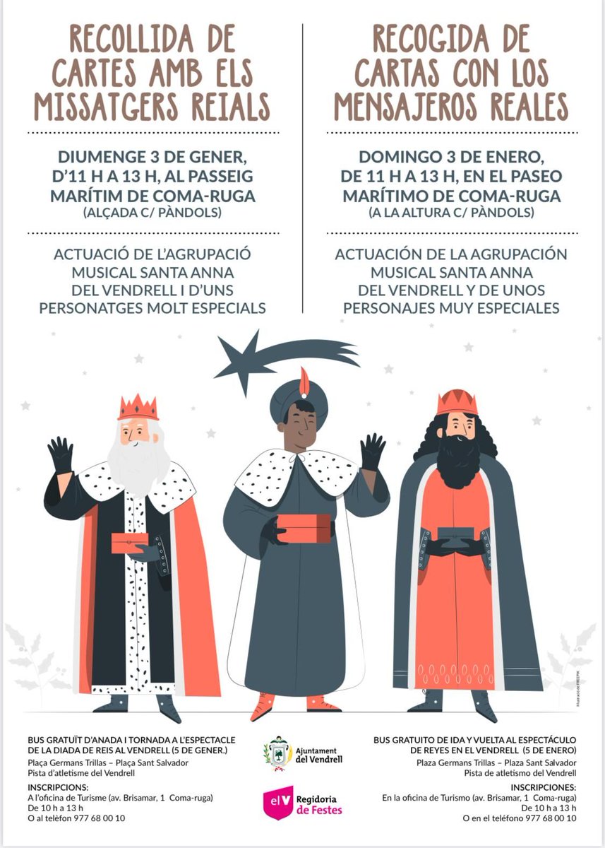 AMSantaAnna's tweet photo. El 3 de enero acompañaremos a los pajes reales en la recogida de cartas que se hará en Coma-ruga @elVdefesta @Turismevendrell @elvendrell_cat @CulturaVendrell #elvendrell #vendrell #comaruga #comarruga #baixpenedes #costadaurada #missatgersreials #pajes #reyesmagos https://t.co/EY5ljCrGRA