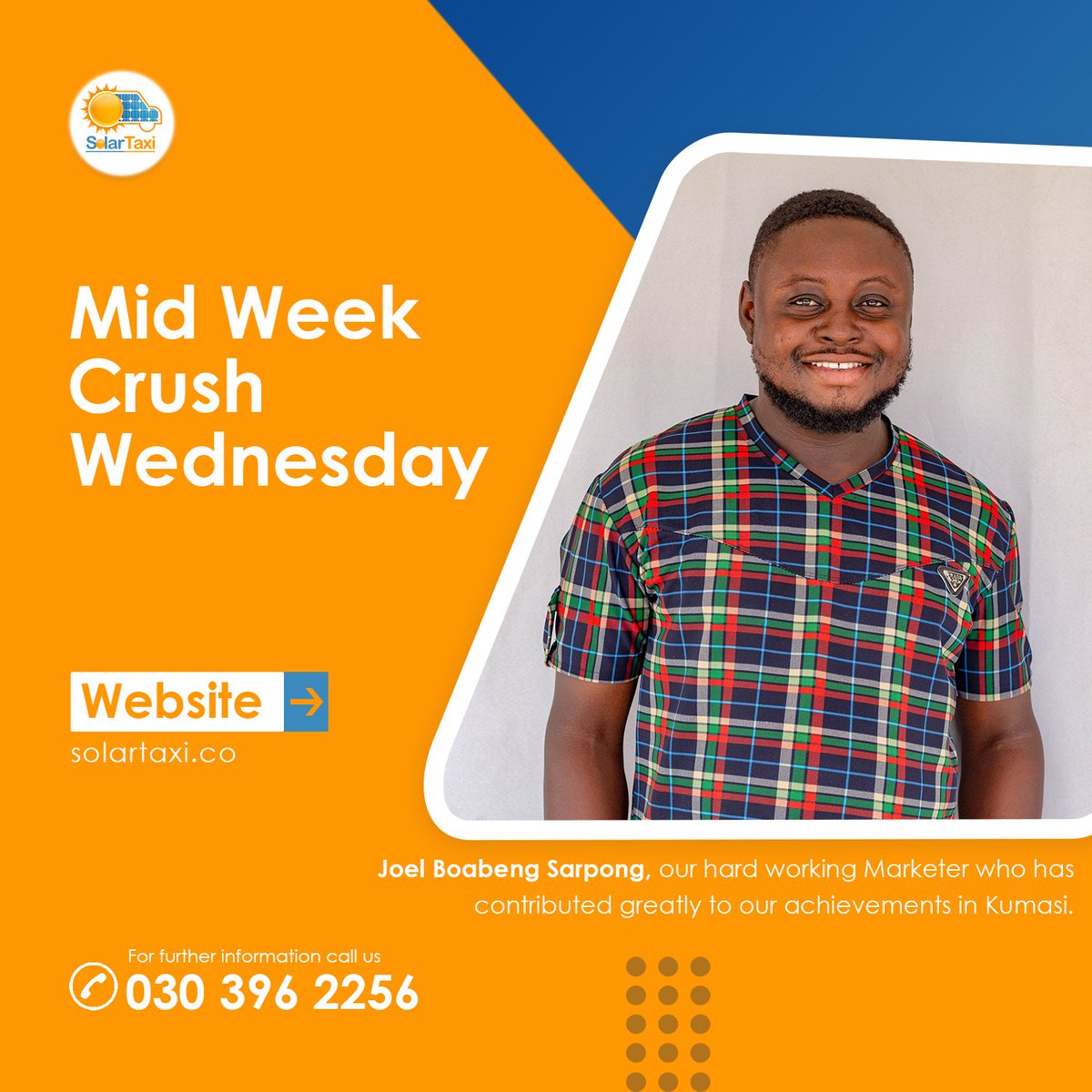 SolarTaxiGh's tweet photo. Joel Boabeng Sarpong, our hard-working Marketer who has contributed greatly to our achievements in Kumasi
.
.
.
#solartaxigh #solartaxi #explore #explorepage #energy #energyhealing #clean #cleanenergy #instagood #wednessday #solartaximidweek #midweekcrush https://t.co/bIsBhblD44