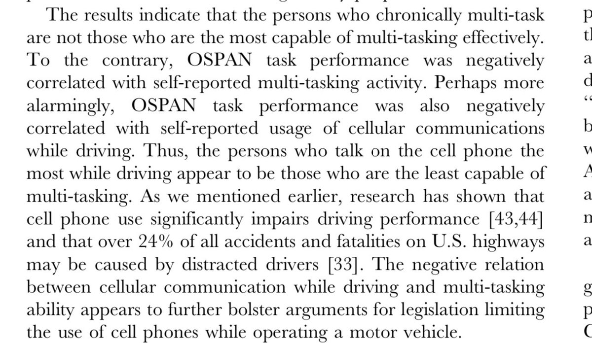 emollick's tweet photo. The people who are most likely to engage in multitasking are also the worst at multitasking - this study actually finds the two are negatively correlated! And these same people are more likely to use phones while driving. Also, everyone is worse at multitasking than they think. https://t.co/AvI0j6pg8i