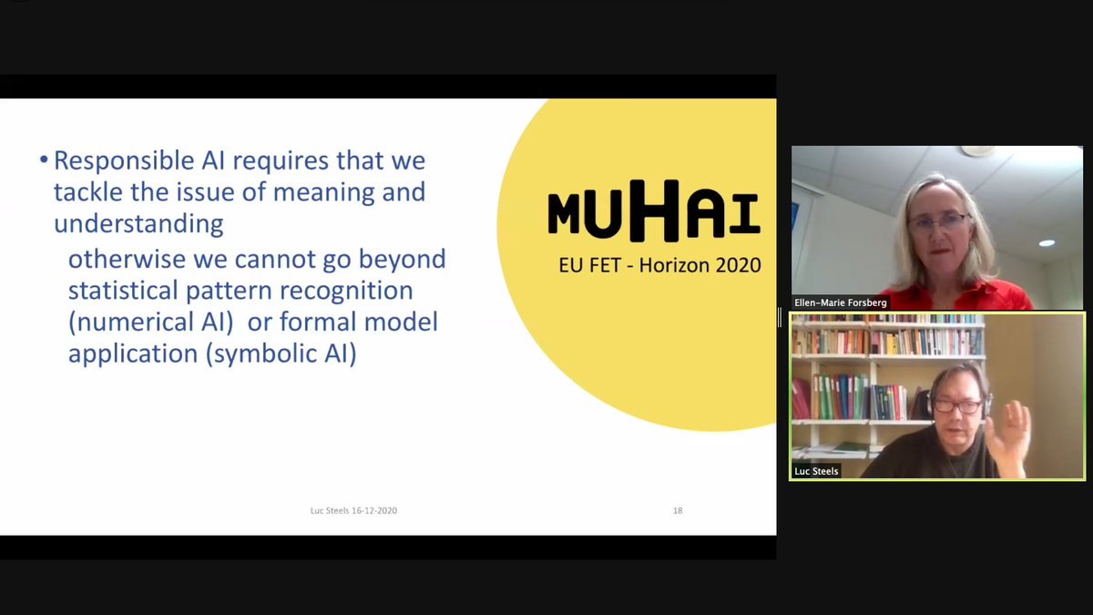MUHAI_org's tweet photo. "The question isn't merely about #ResponsibleAI, it is about the responsible use of #AI." Very interesting talk by @lucsteels at @RRIinHE's webinar on #ResponsibleArtificialIntelligence + a sneak peak of #MUHAI's new logo! #H2020 #scicomm #ethics #RRI https://t.co/8gzkEnUePJ