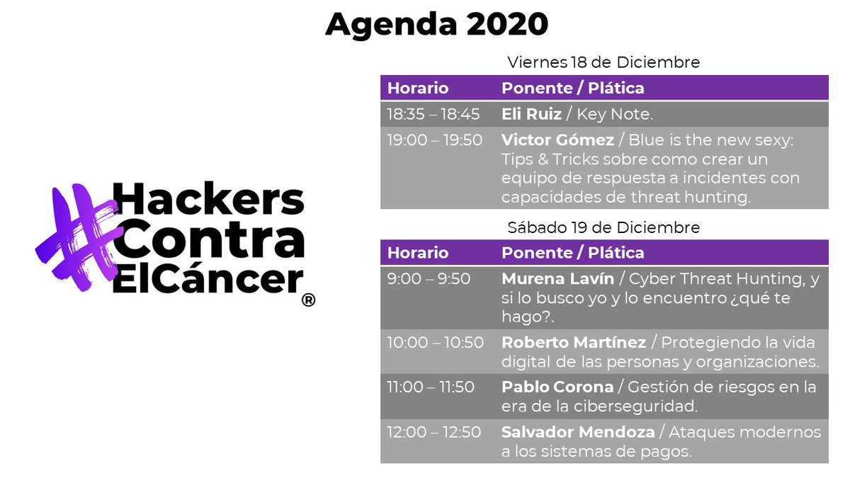 Les compartimos la agenda para éste año 2020.
¡Nos vemos éste Viernes 18 y Sábado 19 de Diciembre!
#HackersContraElCancer