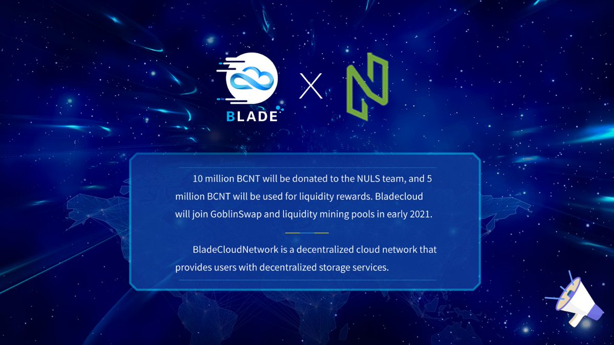 BladeCloud3's tweet photo. We are happy to announce that 
@BladeCloud3 and @Nuls reach an in-depth cooperation. Looking for more？#BTC $20,000 #Nuls $BCNT https://t.co/sYf1RlOGQh