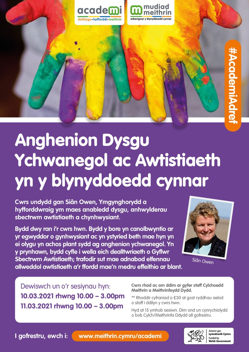 MudiadMeithrin's tweet photo. 🗣 NEWYDD ar gyfer 2021! 🗣
Cyrsiau ar-lein gan Siân Owen ar anghenion dysgu ychwanegol ac Awtistiaeth i staff Cylchoedd Meithrin a meithrinfeydd dydd.
Nifer cyfyngedig o lefydd ar gael. I sicrhau eich lle, ewch i: https://t.co/eDIplgbHrm
#AcademiAdref #Hyfforddiant https://t.co/F8vy8ggNen