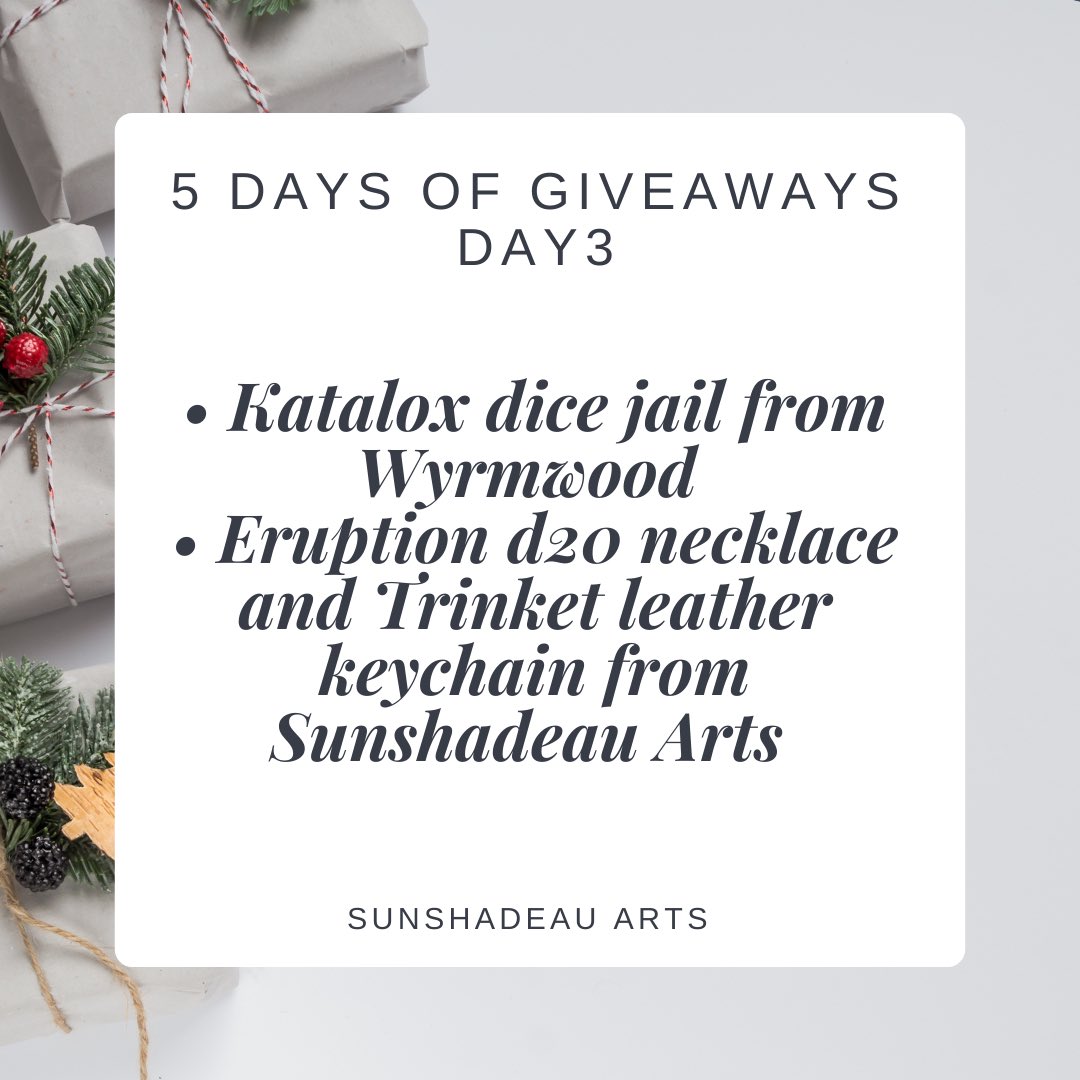 5 Days of Giveaways Event

Day 3 giveaway 

Rules:
- Like this tweet
- Follow <a href="/sunshadeauarts/">Sasha</a> 
- Retweet (no quote retweets)

Giveaway ends at 9am Central Time  on Thursday Dec 17.

Open worldwide. Shipping on me. More pics below. 

#dice #dnd #ttrpg