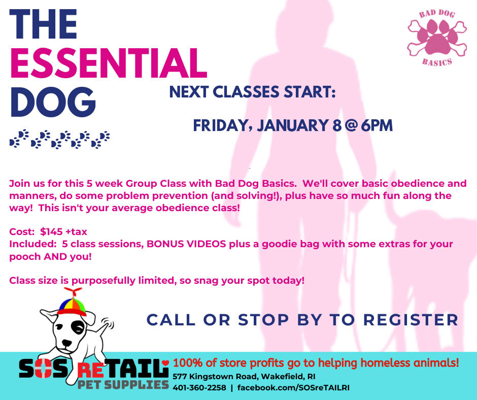 Give the gift of a good dog this year with our Bad Dog Basics Essential Dog Training! Our next session begins on Friday, January 8, and is $145 for FIVE sessions. Class size is limited, so stop by the store or give us a call at (401) 360-2258 to reserve your spot now!