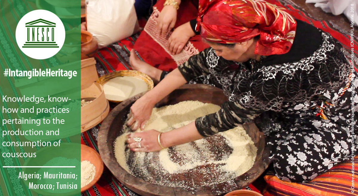 🔴 BREAKING

Knowledge, know-how &amp; practices pertaining to the production and consumption of #couscous have just been inscribed on the #IntangibleHeritage list.
 
Congratulations #Algeria🇩🇿, #Mauritania🇲🇷, #Morocco🇲🇦 &amp; #Tunisia🇹🇳 ! 👏👏

ℹ️ich.unesco.org/en/RL/01602 #LivingHeritage