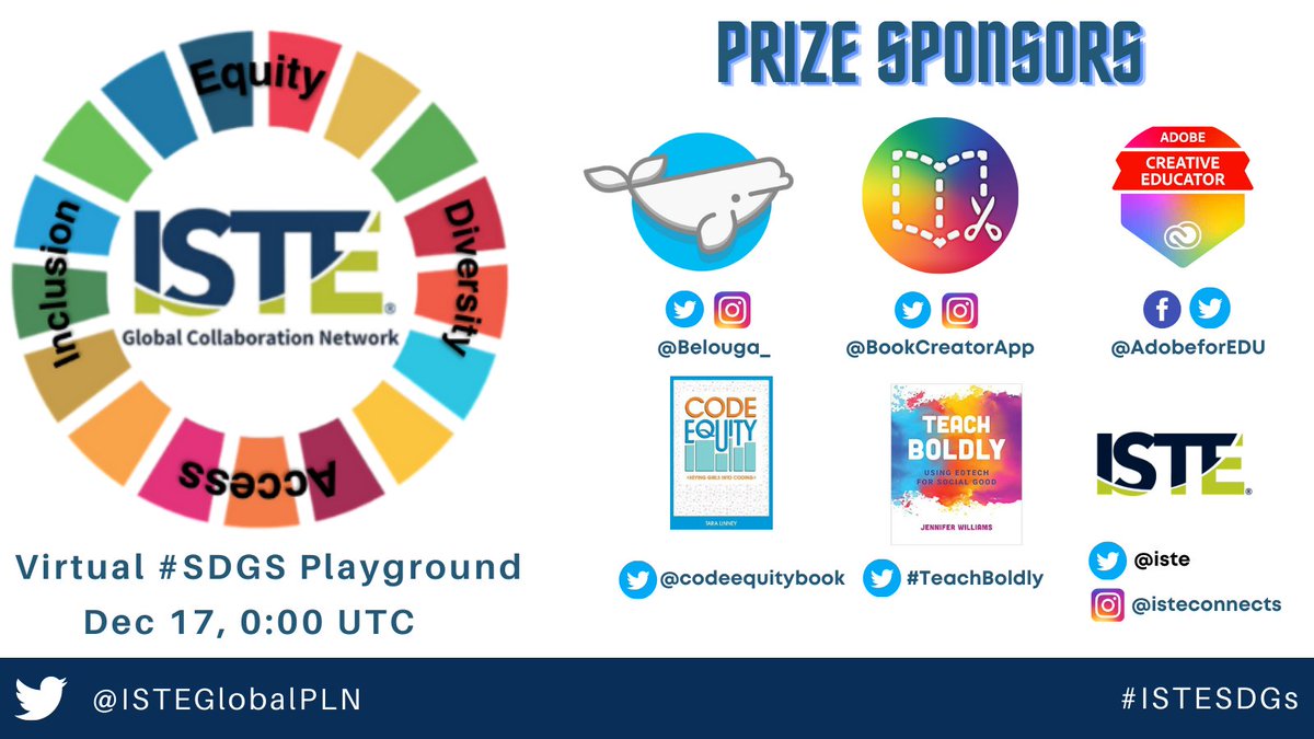 ISTEglobalPLN's tweet photo. If being inspired by the 48 presenters at our #ISTEGlobalPLN #SDGs #playground isn't enough, registered participants have a chance to win AMAZING prizes! 

Thanks @Belouga_ @BookCreatorApp @AdobeForEdu @ISTE @CodeEquityBook #TeachBoldly ❤️

#ISTESDGs #TeachSDGs https://t.co/PRDqJD43yn